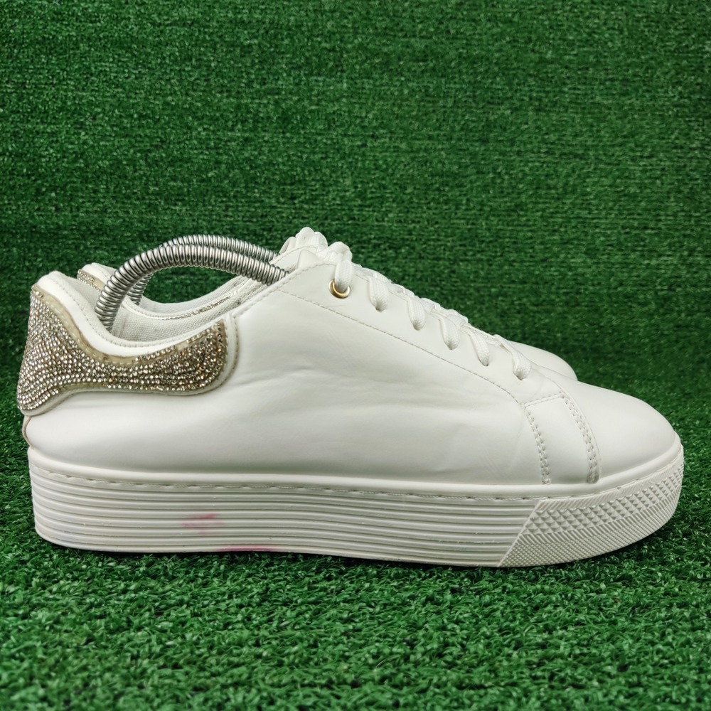 Qupid Sneakers Womens 9 White Rhinestone Platform Low Top Lace Up Bling Casual